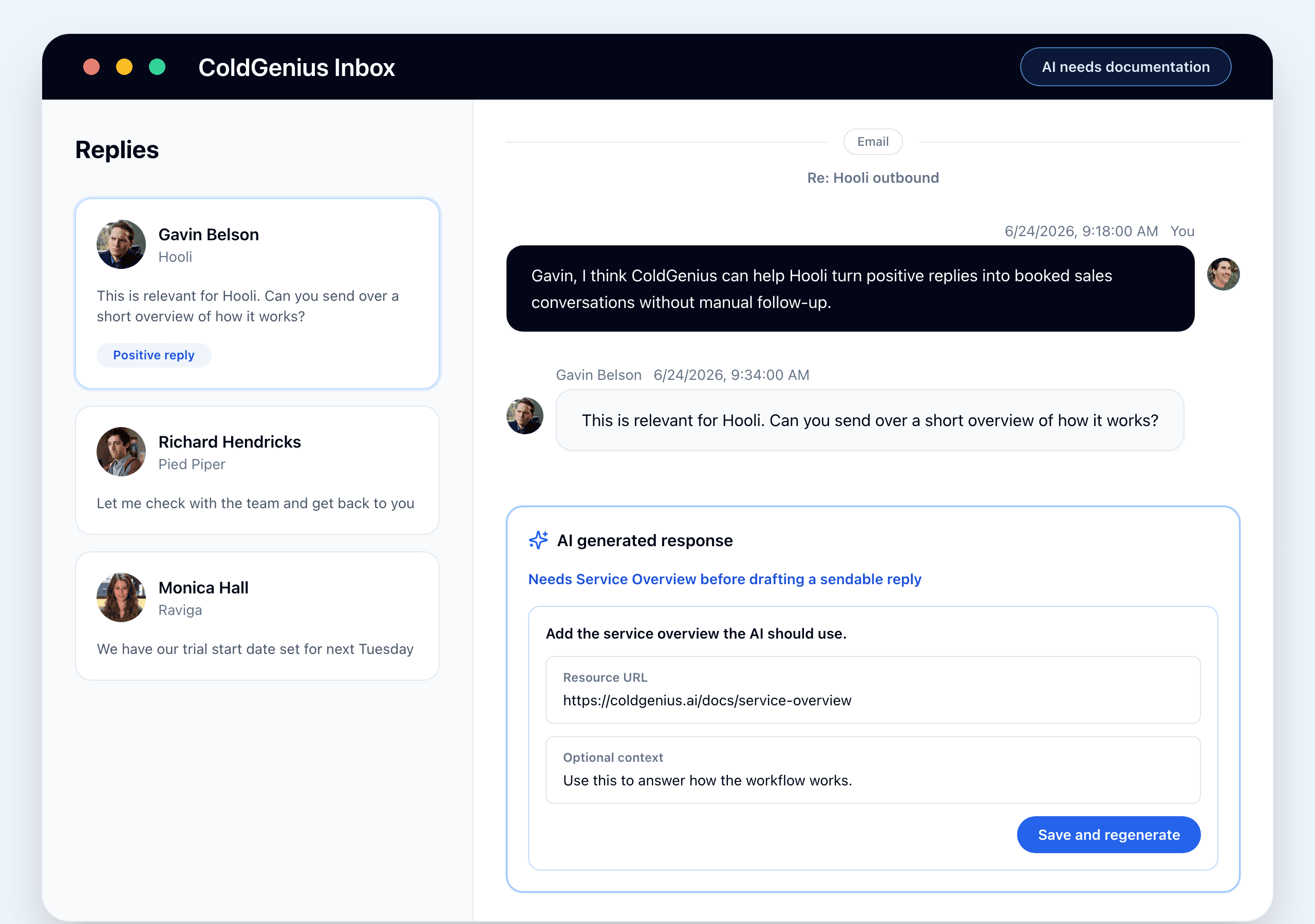 ColdGenius AI generated response panel asking for a service overview before drafting a sendable reply