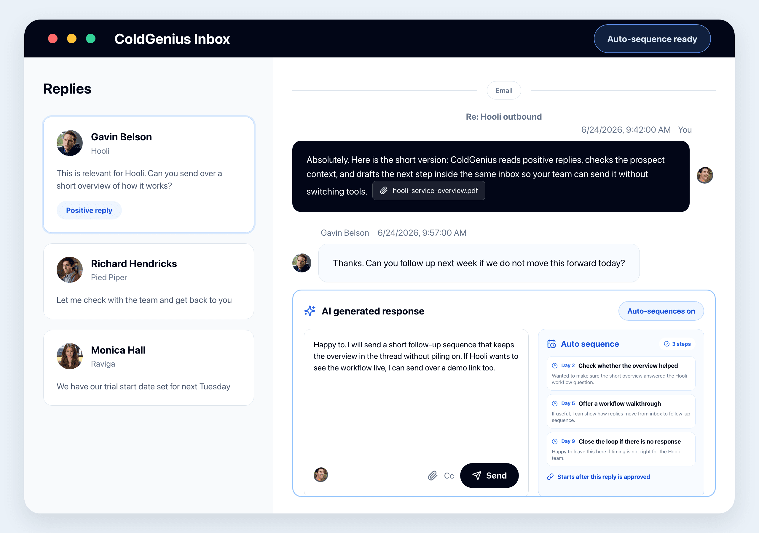 ColdGenius AI generated response with an auto-sequence of follow-up steps ready to start after approval