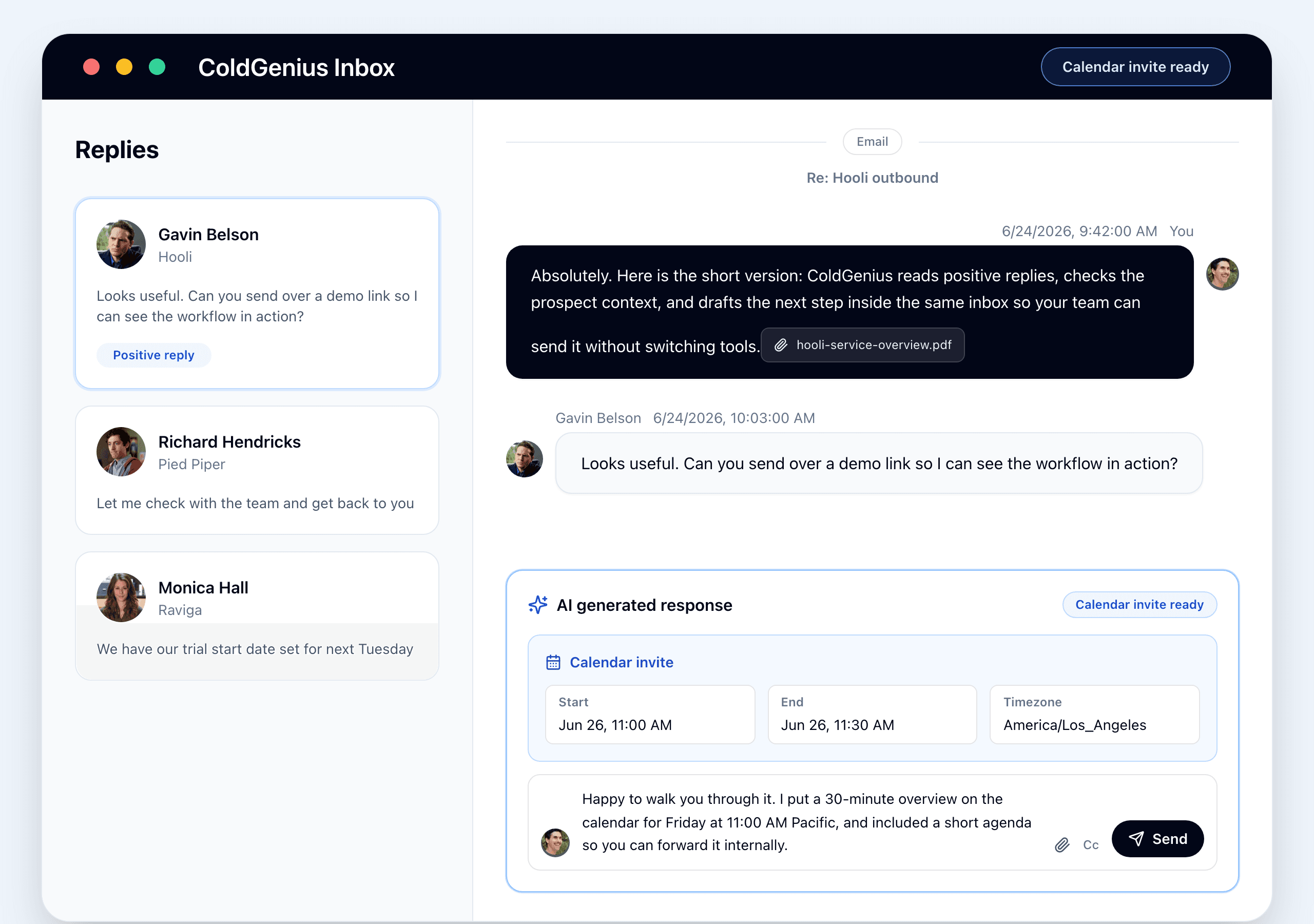 ColdGenius AI generated response with a meeting invite ready to send after approval