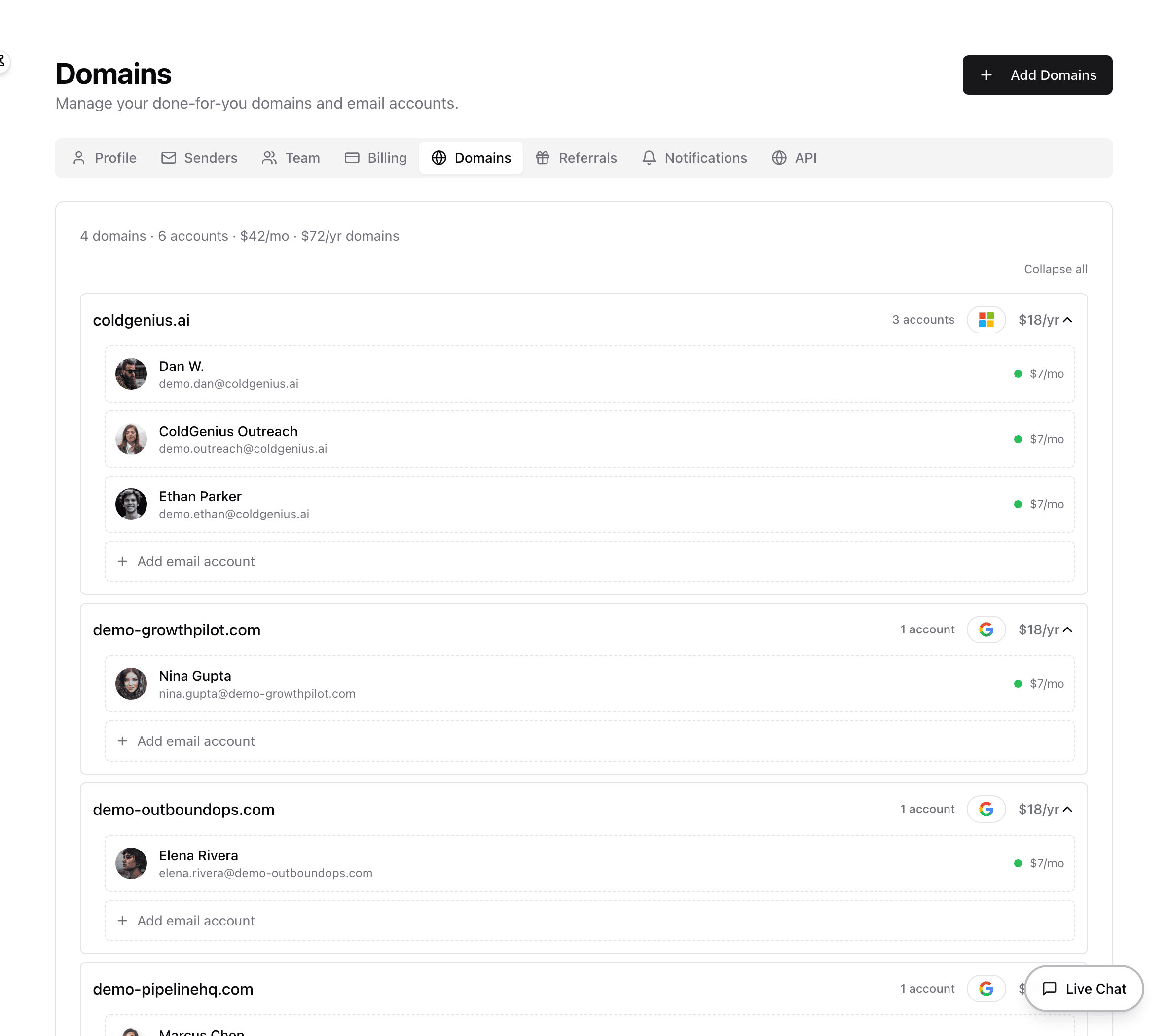 ColdGenius done-for-you email account settings showing requested domains, sender accounts, and monthly pricing