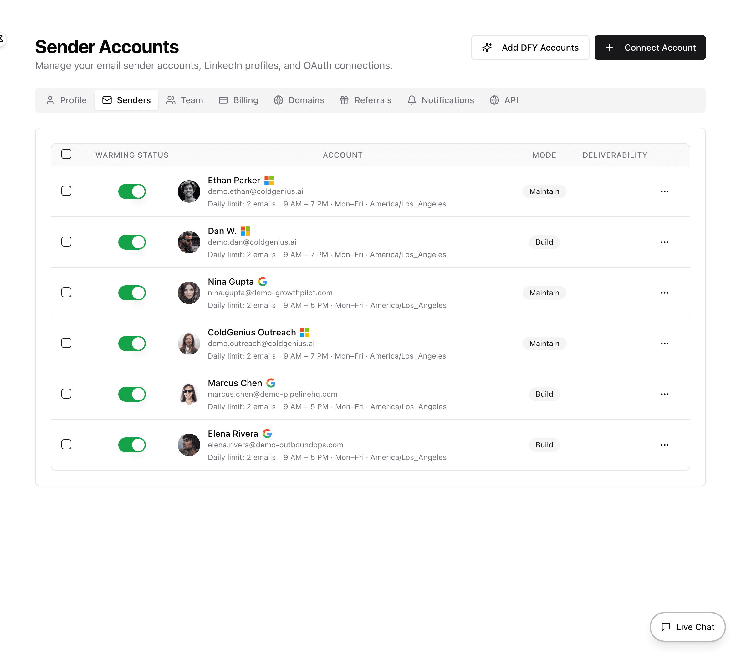 ColdGenius sender account table showing warmup status, mode controls, daily warmup activity, and deliverability scores