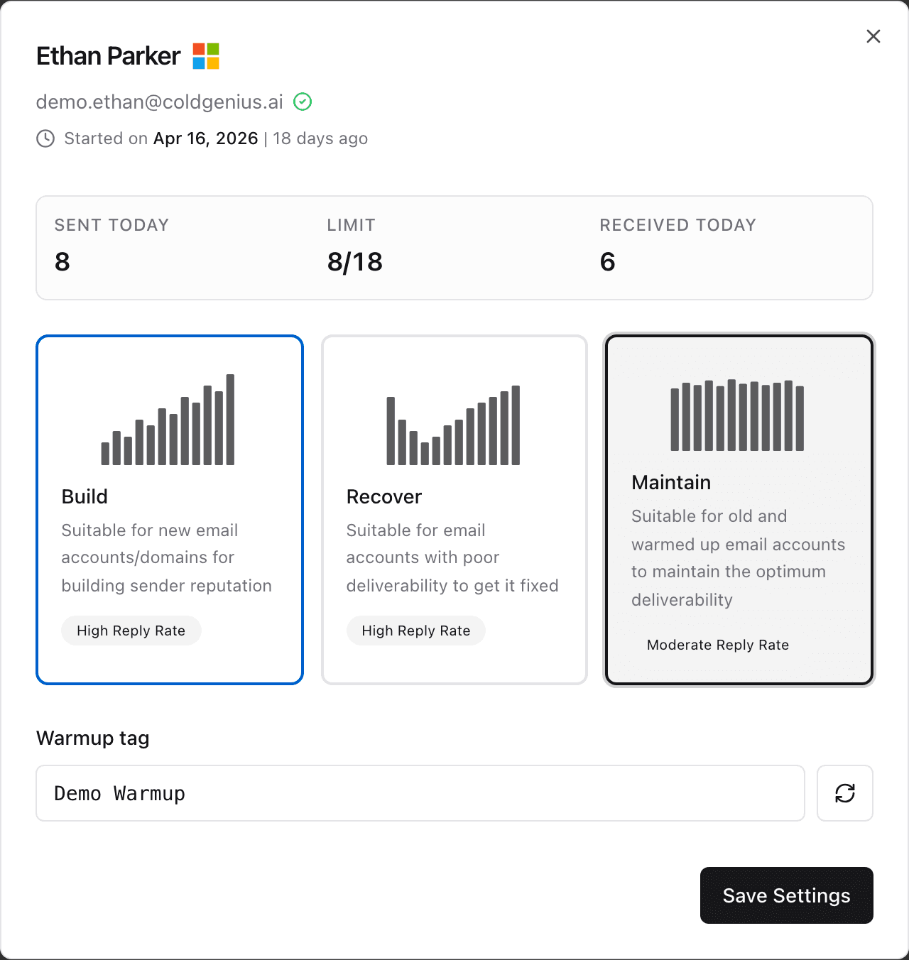 ColdGenius warmup settings modal showing status, performance metrics, and build or maintain warmup modes